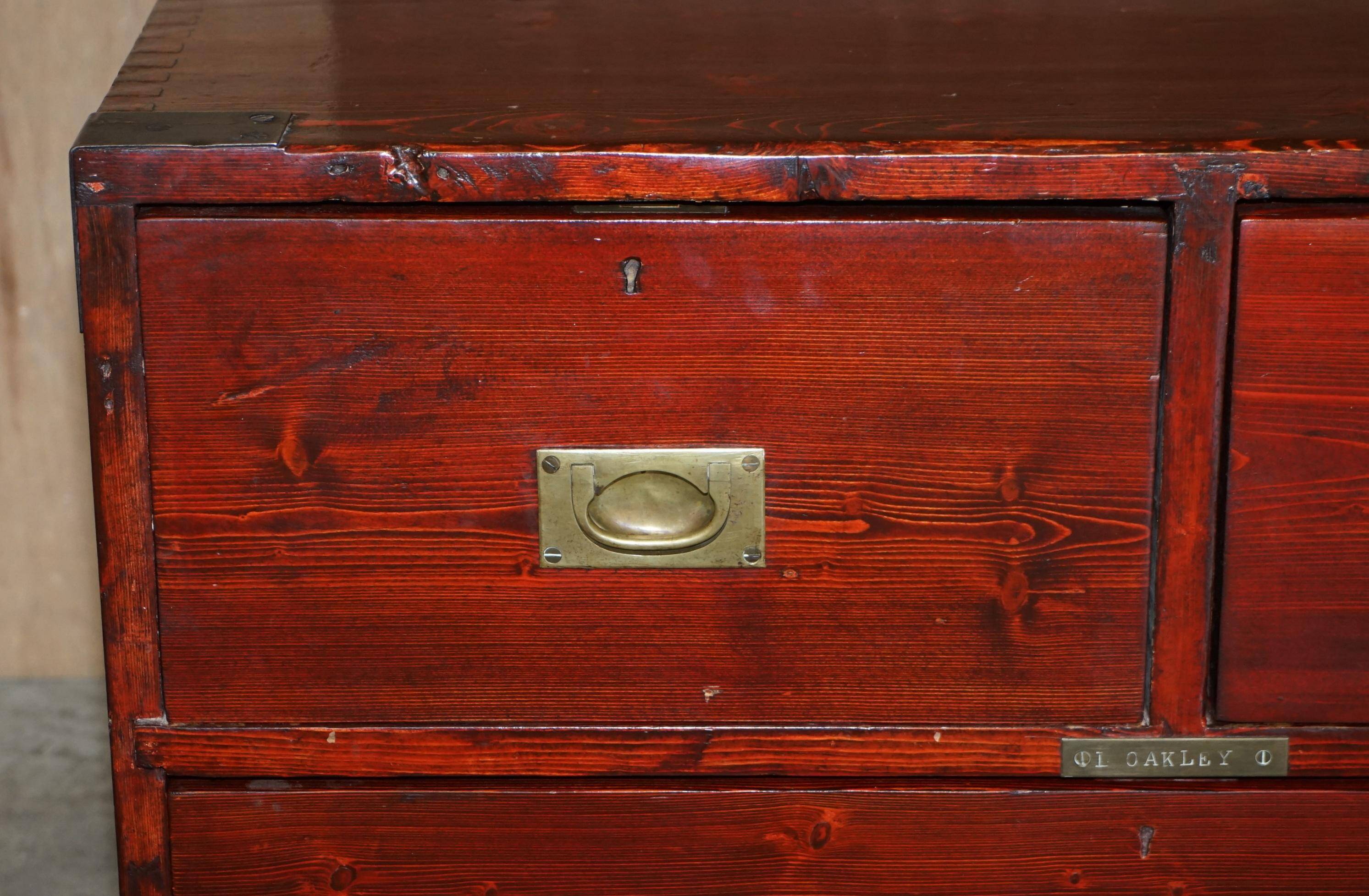 Antique Victorian military commode in Oregon pine with nameplate.