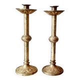 Paire de bougeoirs en bronze ciselé  -2 flambeaux style médiéval