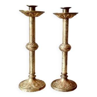 Pair of chiseled bronze candlesticks - 2 medieval style torches