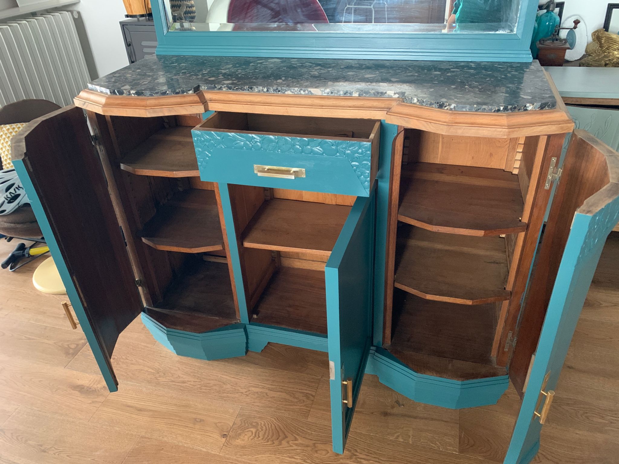 Art deco sideboard restyled blue green duck, marble top, brass handles, vintage shabby chic