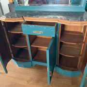 Art deco sideboard restyled blue green duck, marble top, brass handles, vintage shabby chic