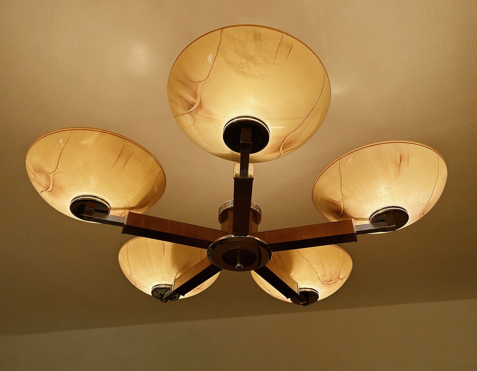 Large Art Deco pendant light in wood and glass, 1930s