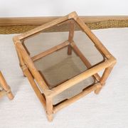 Pair of bedside tables or side tables, in rattan and smoked glass