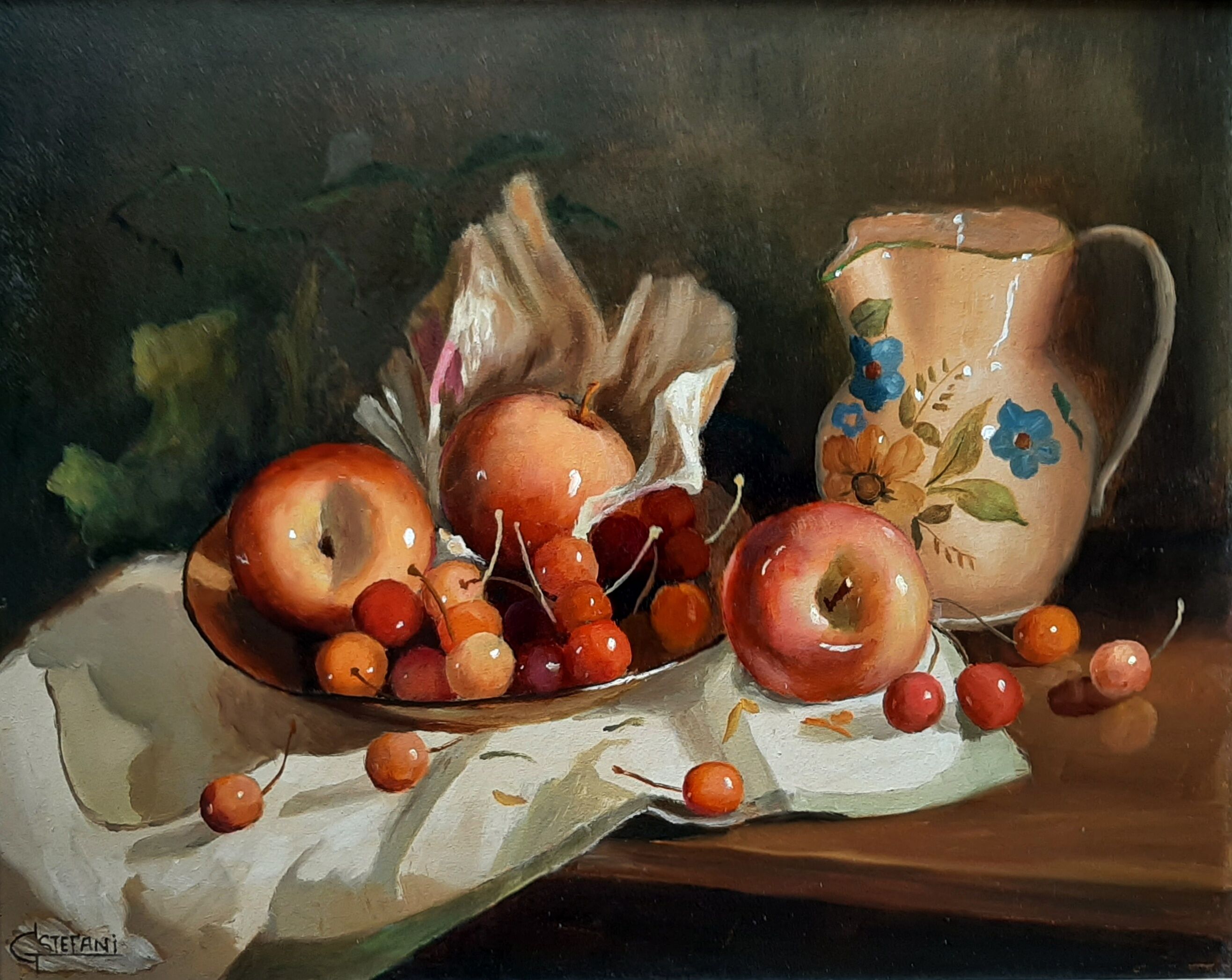 Table Oil Still Life Fruits Cherries Apples and Jug signed***framed***