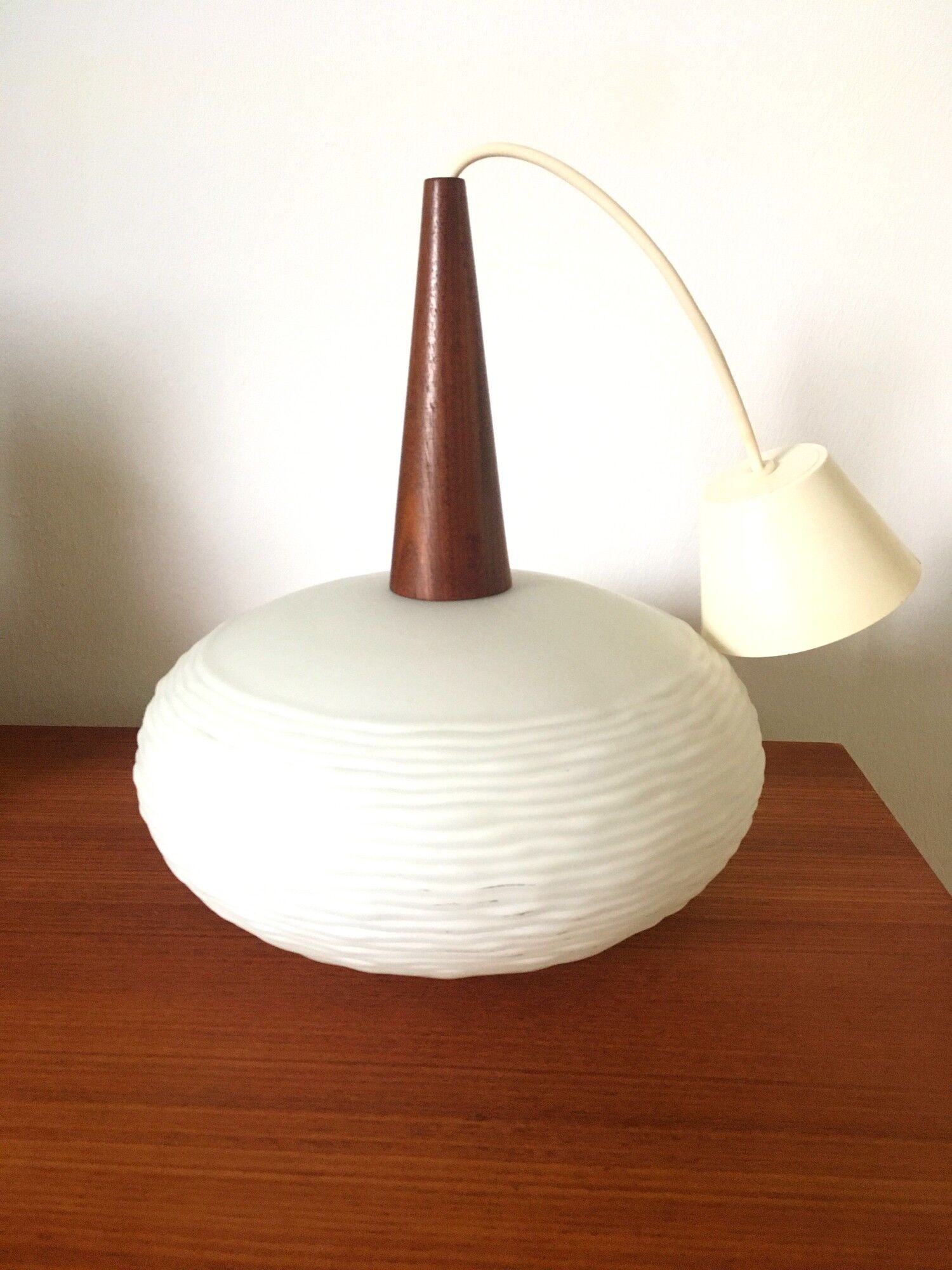 Vintage opaline and teak pendant lamp by Louis Kalff for Philips 1960