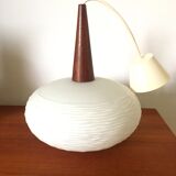 Vintage opaline and teak pendant lamp by Louis Kalff for Philips 1960