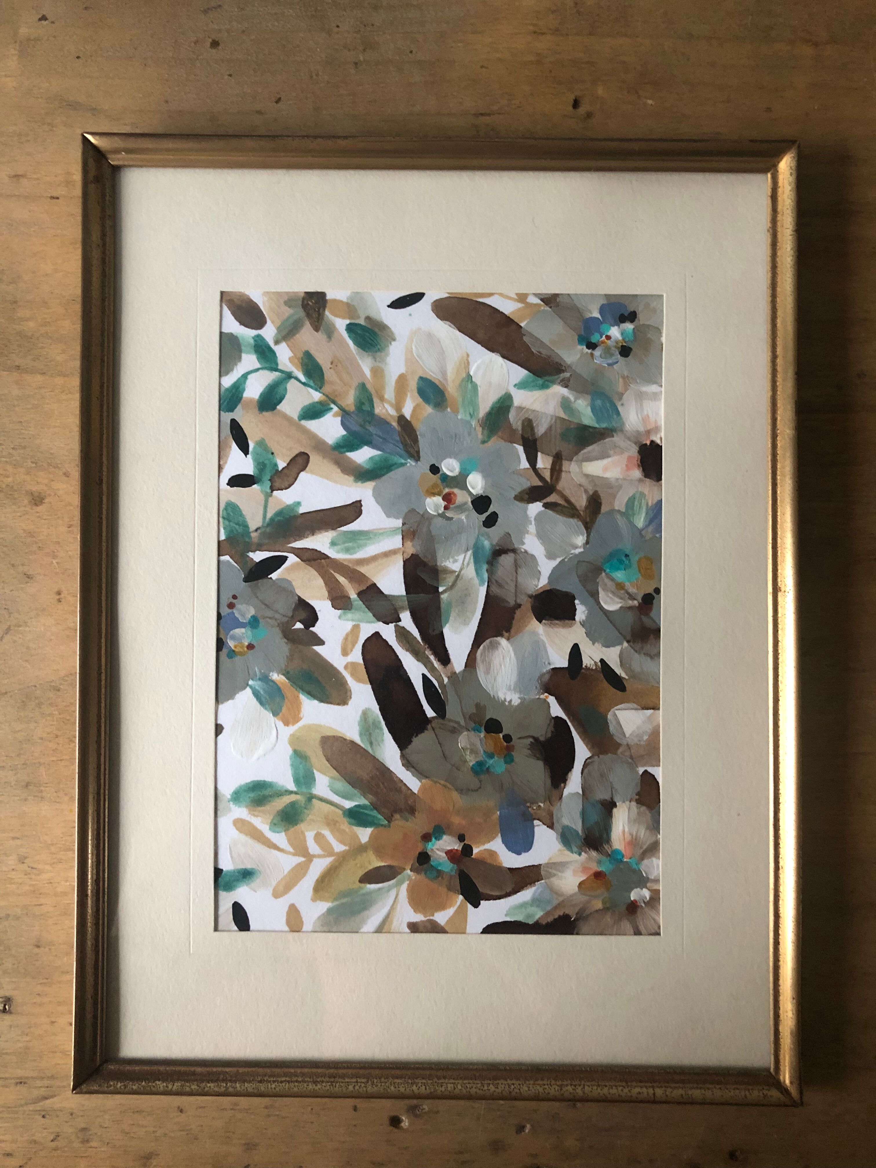 Peinture acrylique encadrée feuillage et lumière dorée