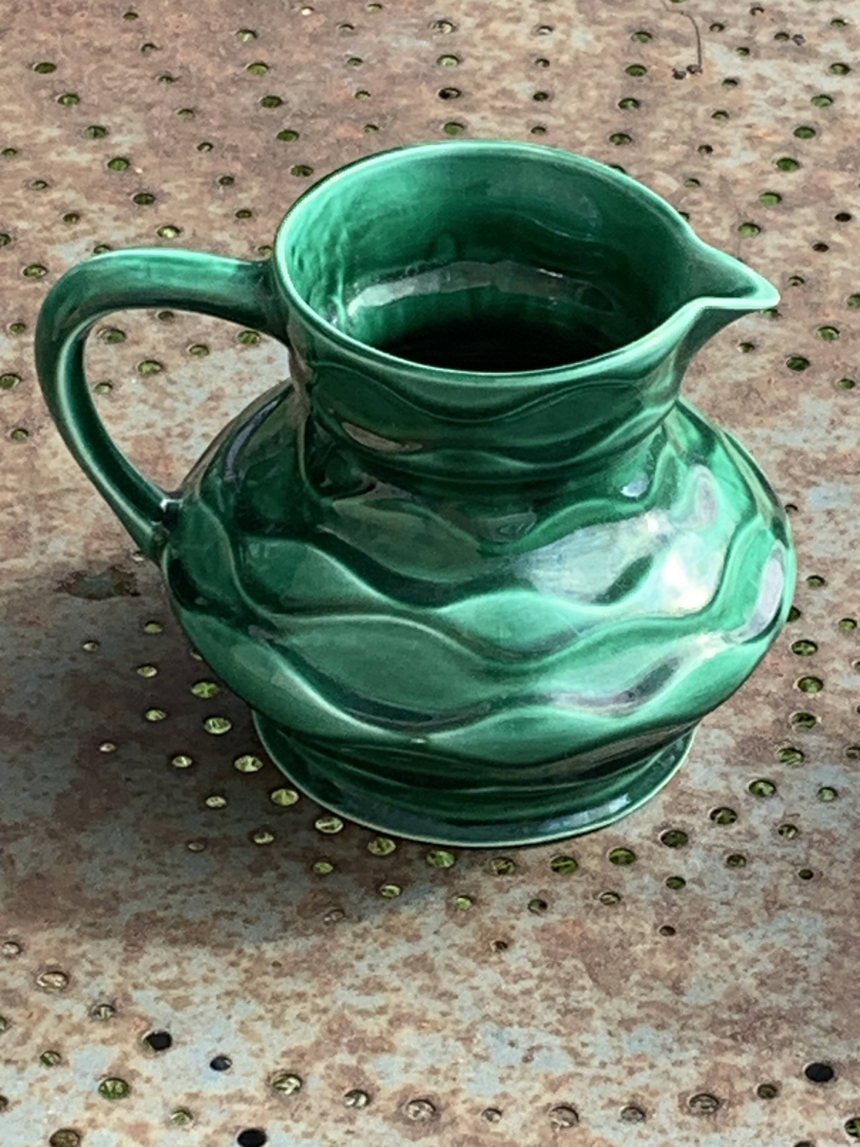 Carafe, pitcher in enamelled ceramic, slip, green, numbered 6183, vintage