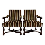 Large pair of Louis XIV style armchairs in walnut