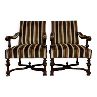 Large pair of Louis XIV style armchairs in walnut