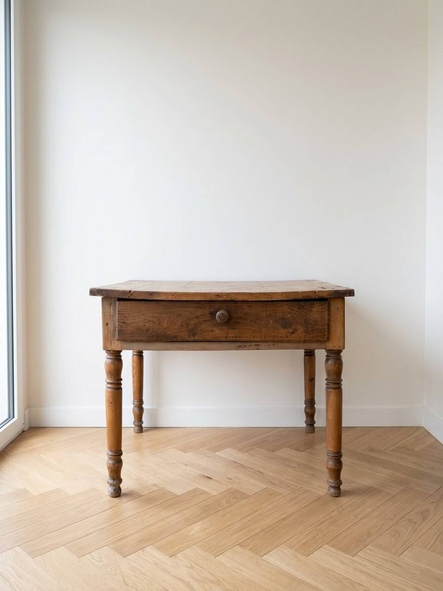 Rustic solid wood dining table with drawer