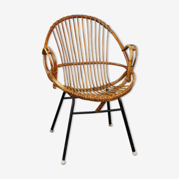 Dark rattan armchair with armrests Dutch Design 1960
