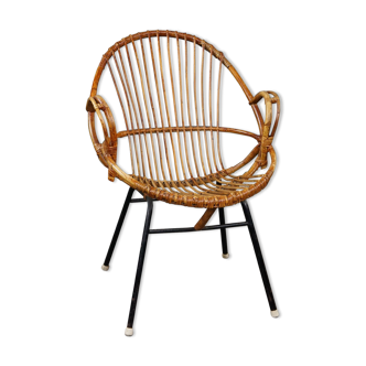 Dark rattan armchair with armrests Dutch Design 1960