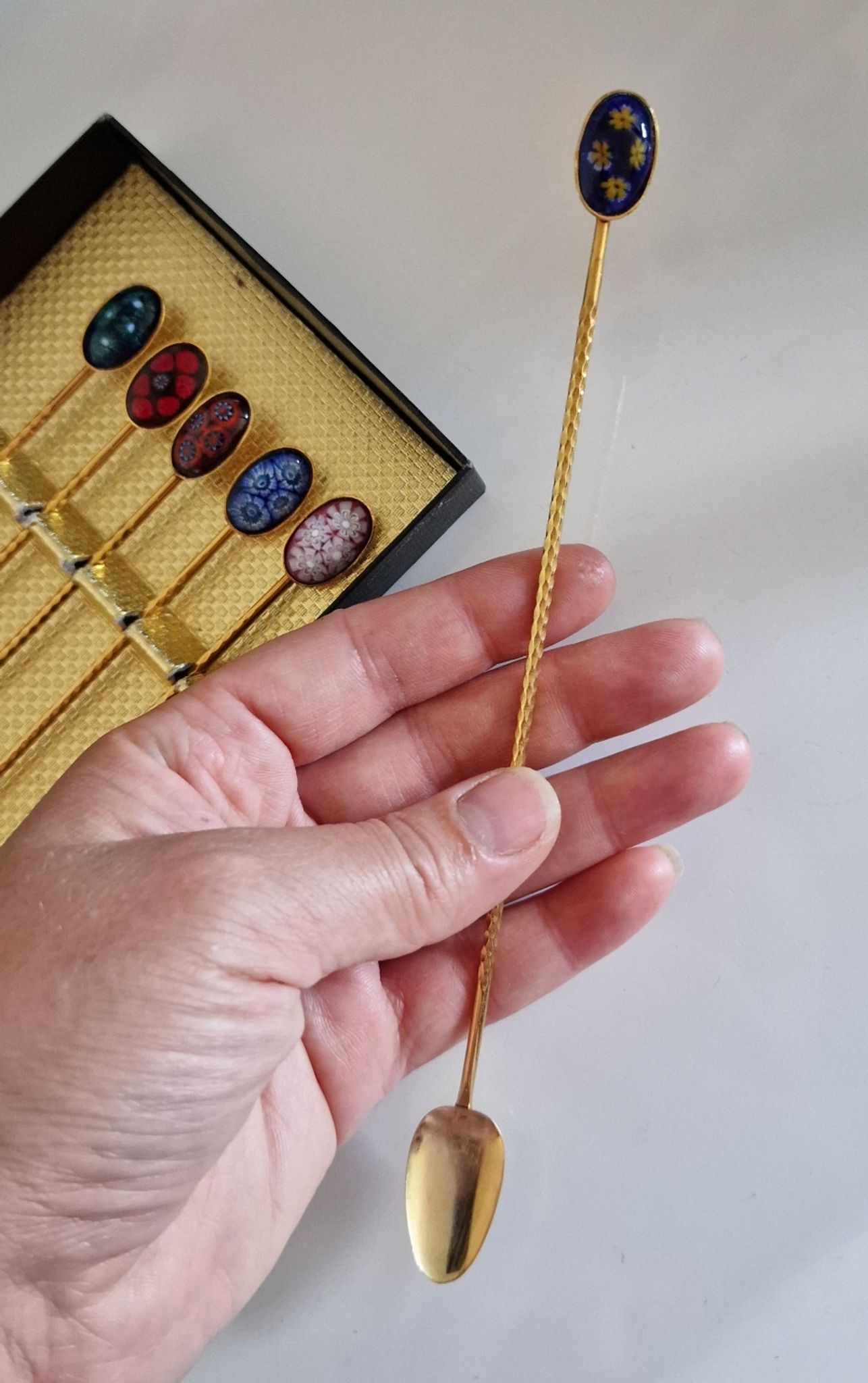 6 teaspoons Mazagran gilded to fine gold 24 carat finish enamels in Murano glass