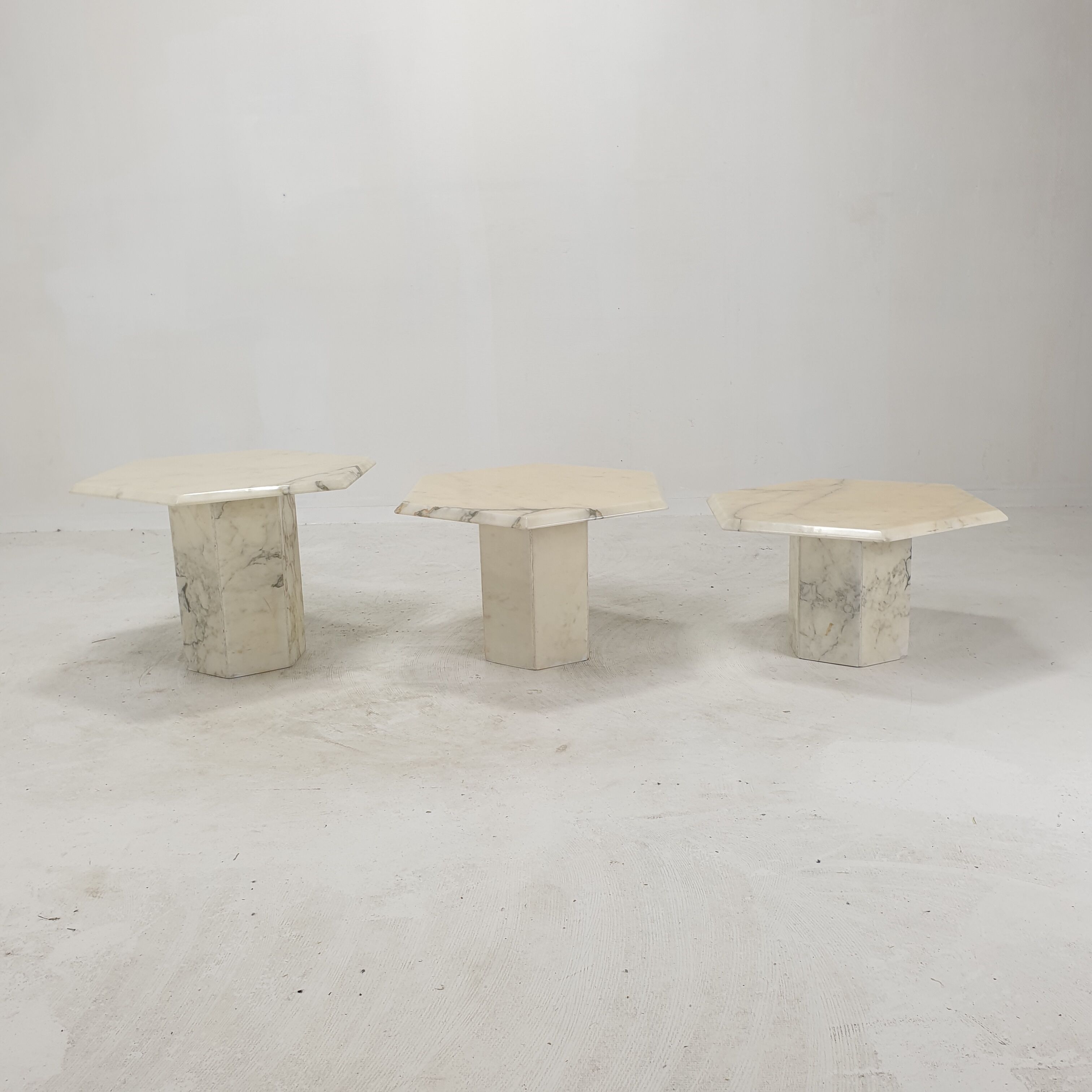 Set of 3 Italian Carrara Marble Side Tables, 1980s