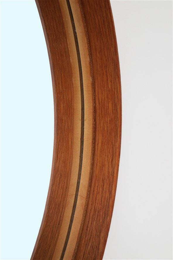 Rare round "#103" wall mirror / teak, leather, brass / by Glas Mäster, Markaryd, Sweden / 1960s / 1970s / Mid-Century Modern Design
