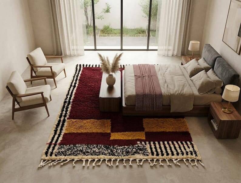 Handwoven natural wool rug burgundy 150/250 cm