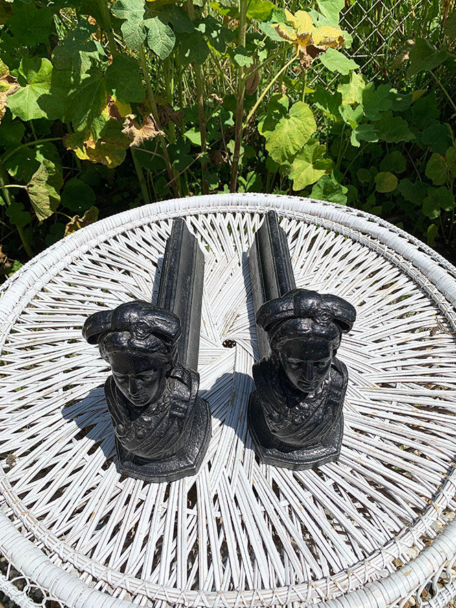Ancient cast iron chenets, bust of long woman mat