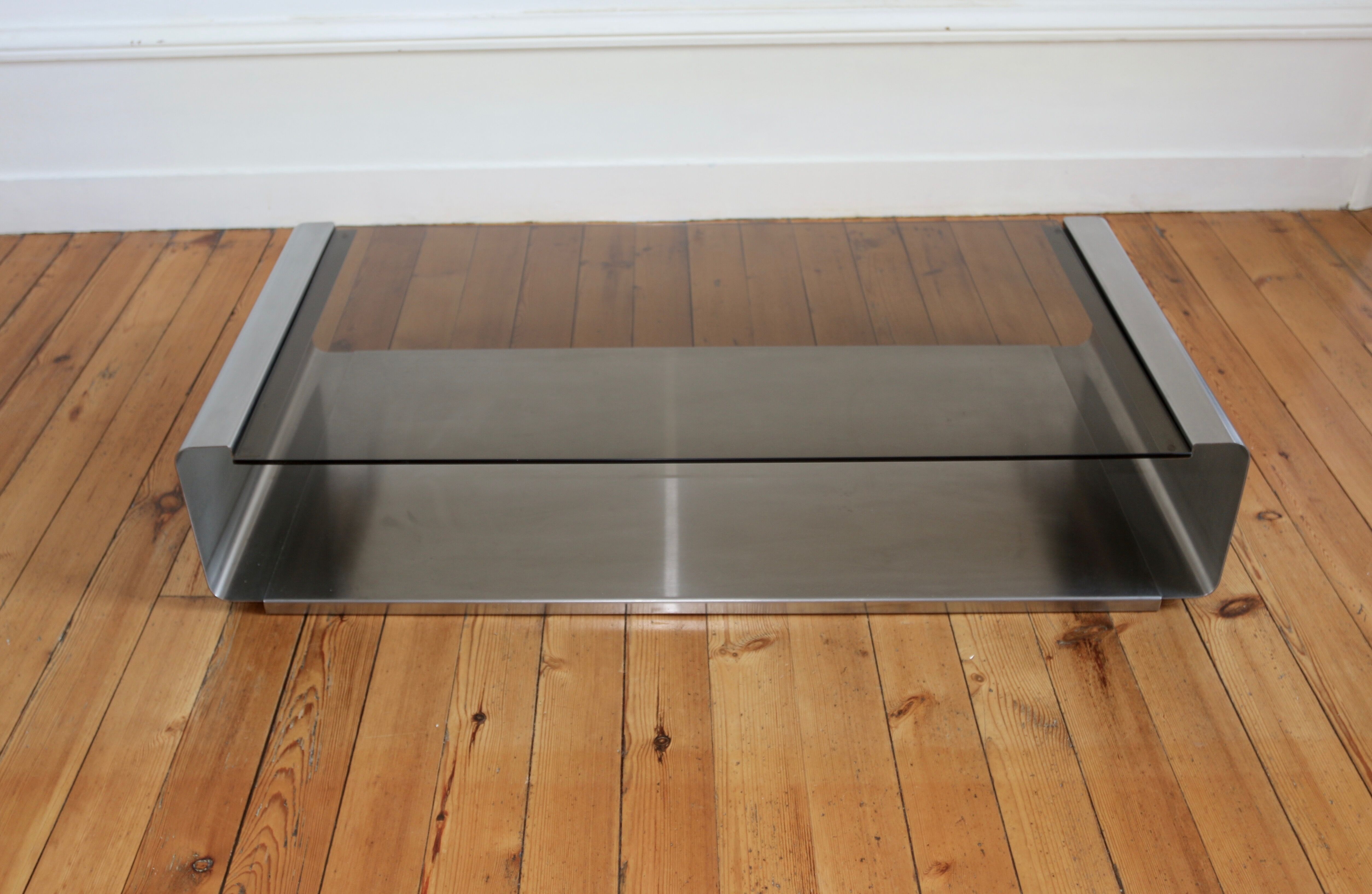 Table low vintage 1970s stainless and glass Jean-François Monnet