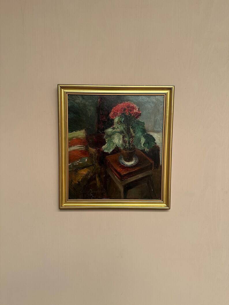 Original Swedish Oil on Panel - "Cineraria i Kruka" by Elna Jacobsson - Signed - Vintage and Framed - 48 × 43.5 cm (18.9" × 17.1")