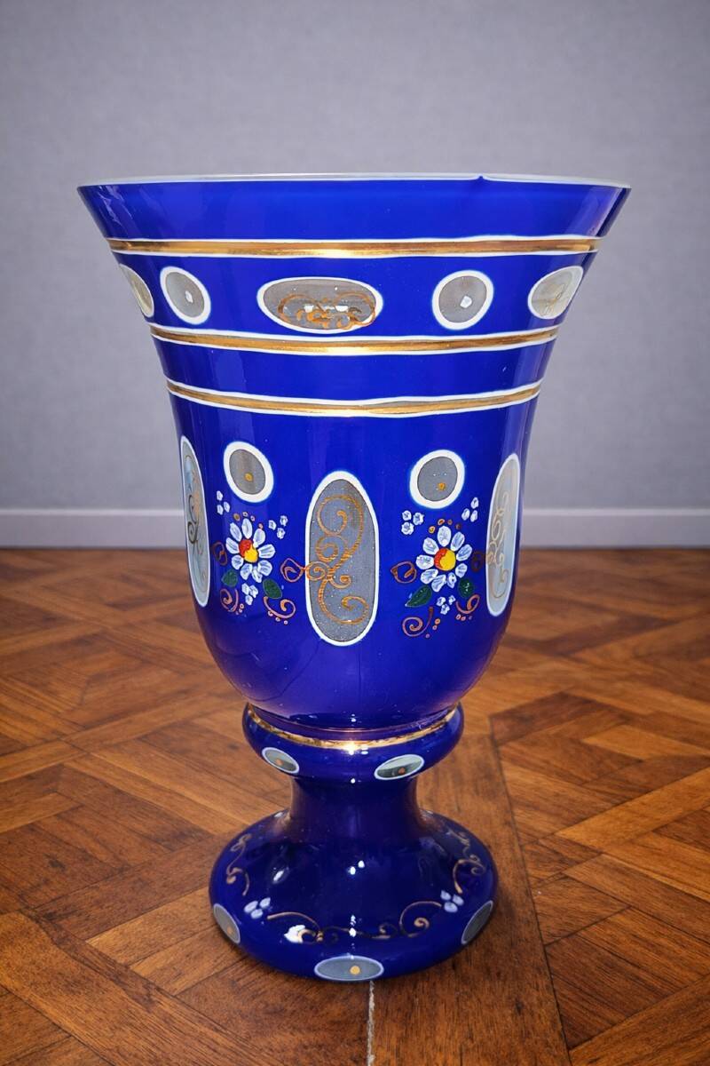 Large blue enamelled glass chalice (Bohemian glass 20th century)