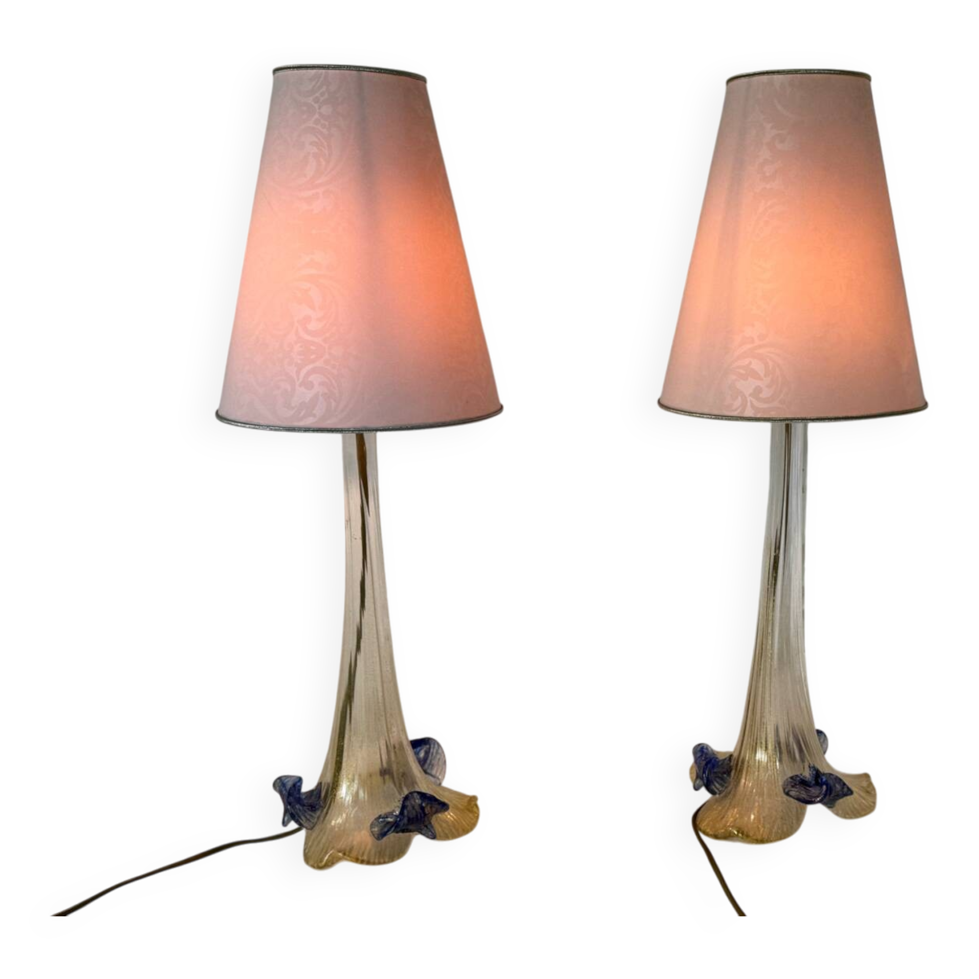 Set de 2 lampes de table italiennes vénitiennes vintage romantiques en verre de Murano.