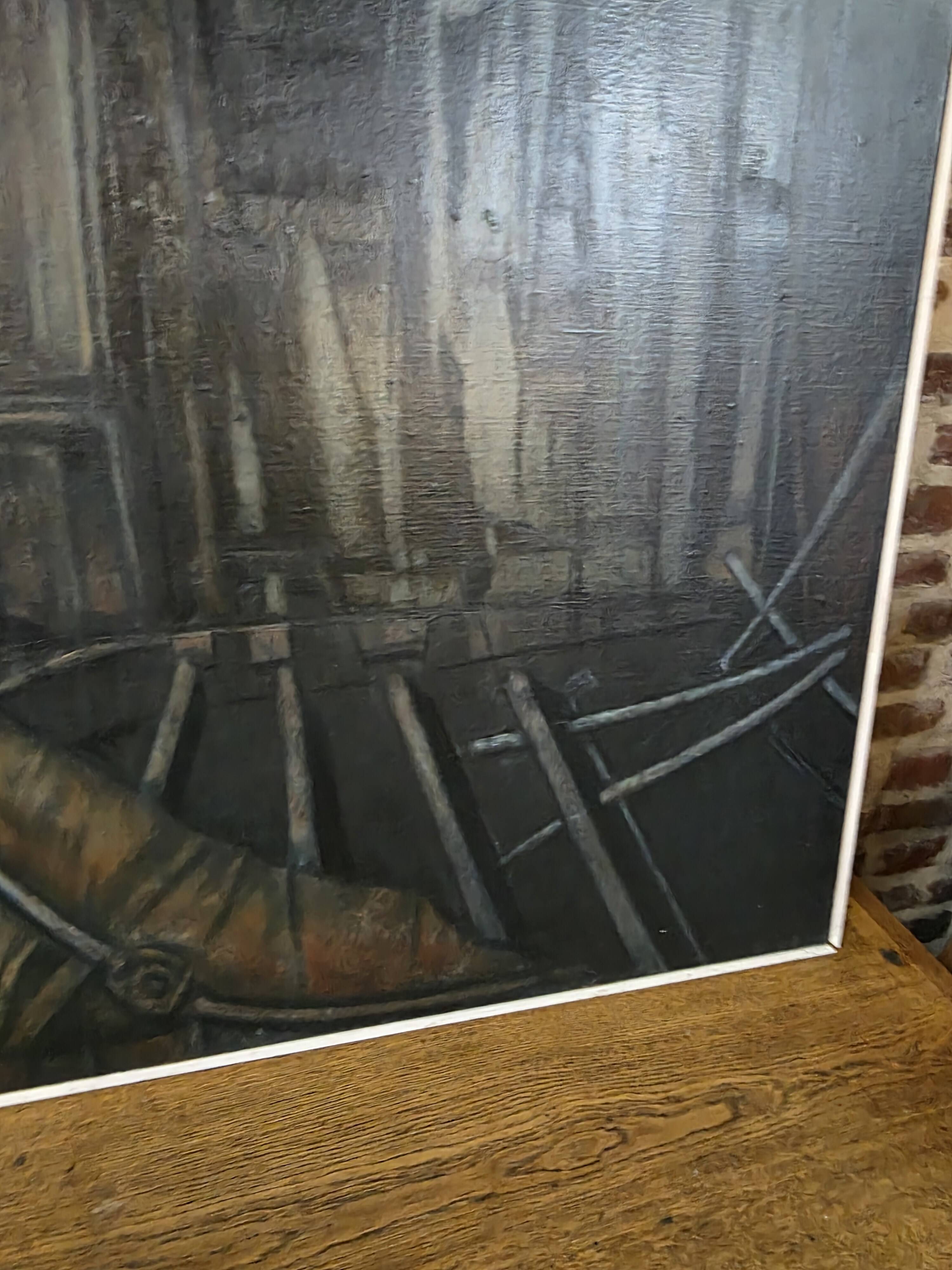 Oil painting on canvas of the interior of a boat from the 50s/70s