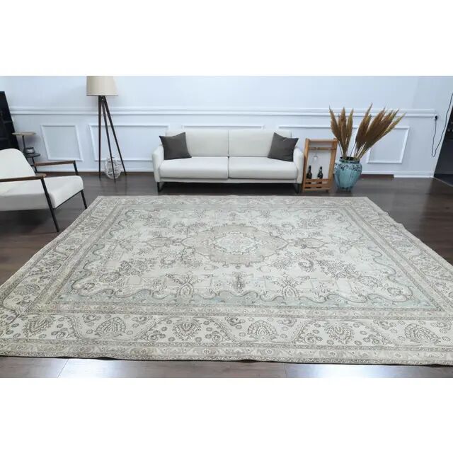 Tapis d'aire vintage persan fait main en laine et coton beige des années 1970 285x362