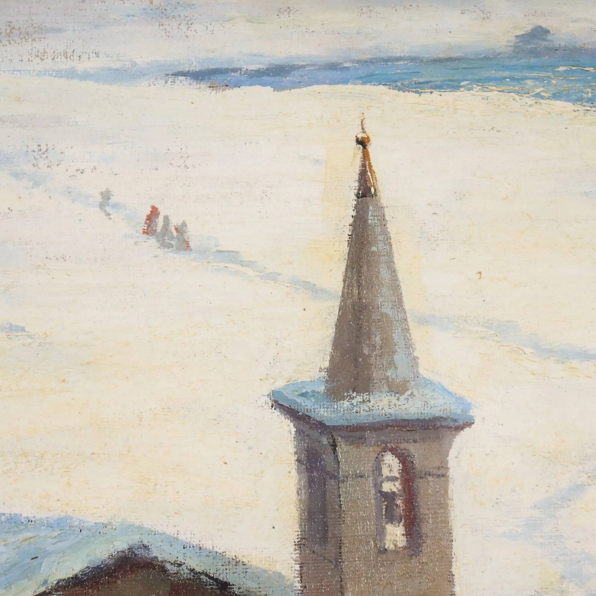 Ancient painting by Leonardo Roda, winter landscape, 19th century.