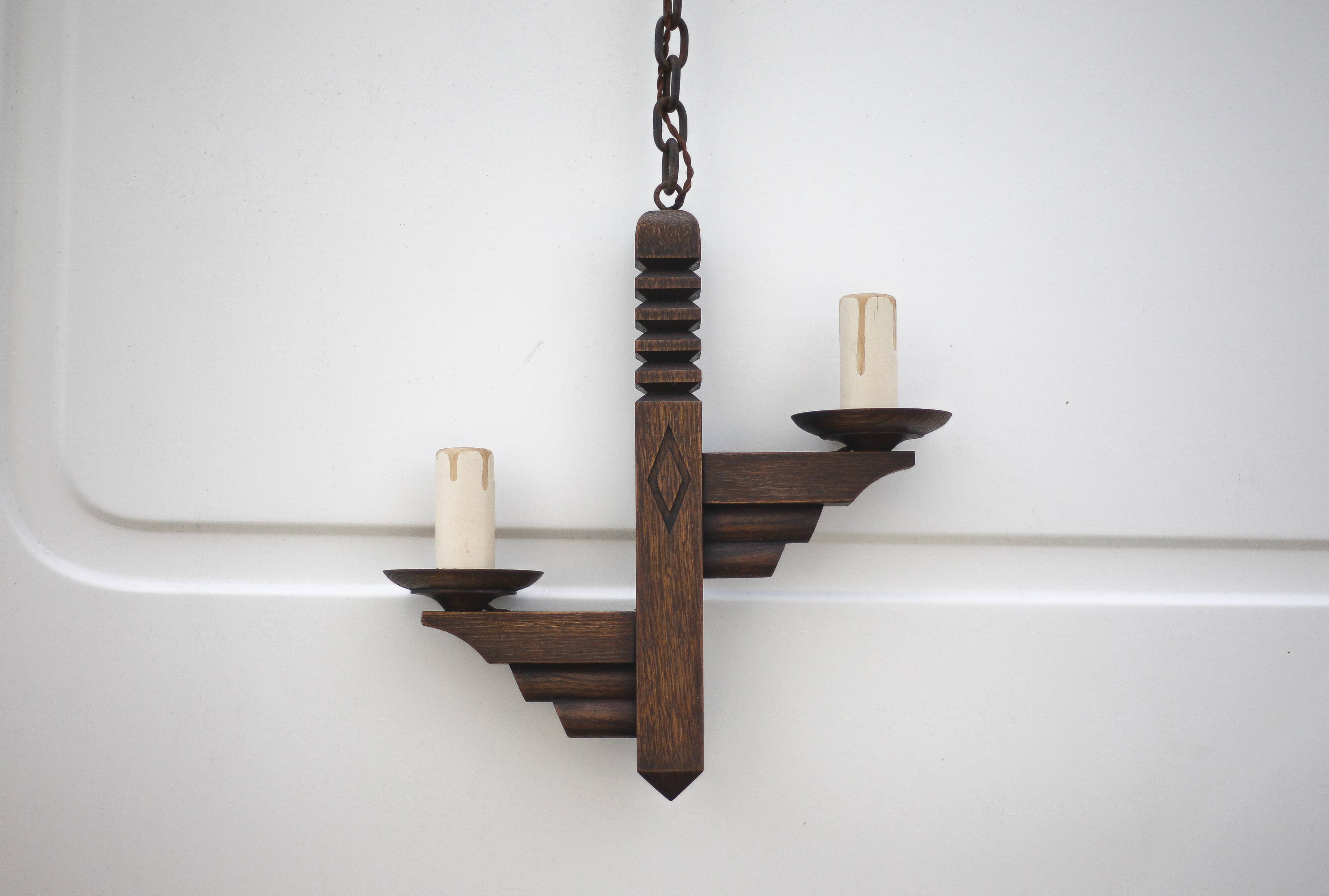 Wooden pendant light, vintage pendant light, 2-light wooden hanging lamp, Gothic