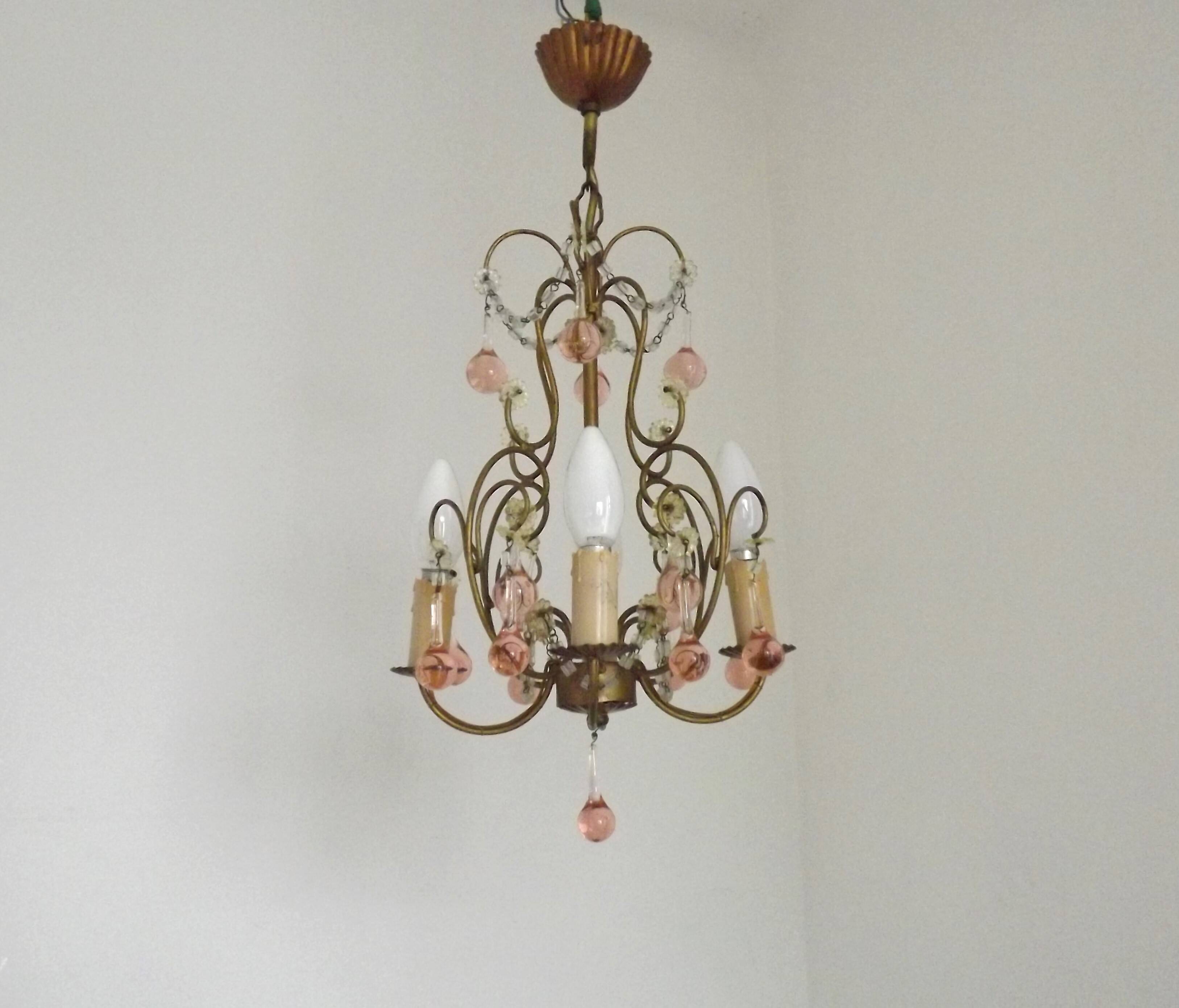 French Vintage 4 Light Metal Cage Chandelier with Bead Swag and Pink Murano Drops