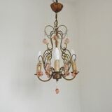 French Vintage 4 Light Metal Cage Chandelier with Bead Swag and Pink Murano Drops