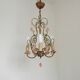 French Vintage 4 Light Metal Cage Chandelier with Bead Swag and Pink Murano Drops