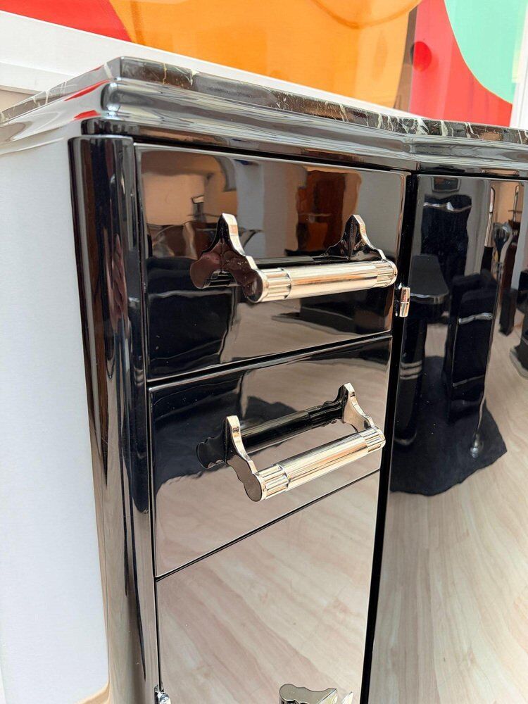 Art Deco sideboard in black lacquer, nickel, marble and mahogany, 1930s