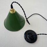 Old green enamelled conical industrial hanging lamp