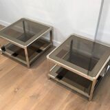 Pair of octagonal chrome side tables with tinted glass tops