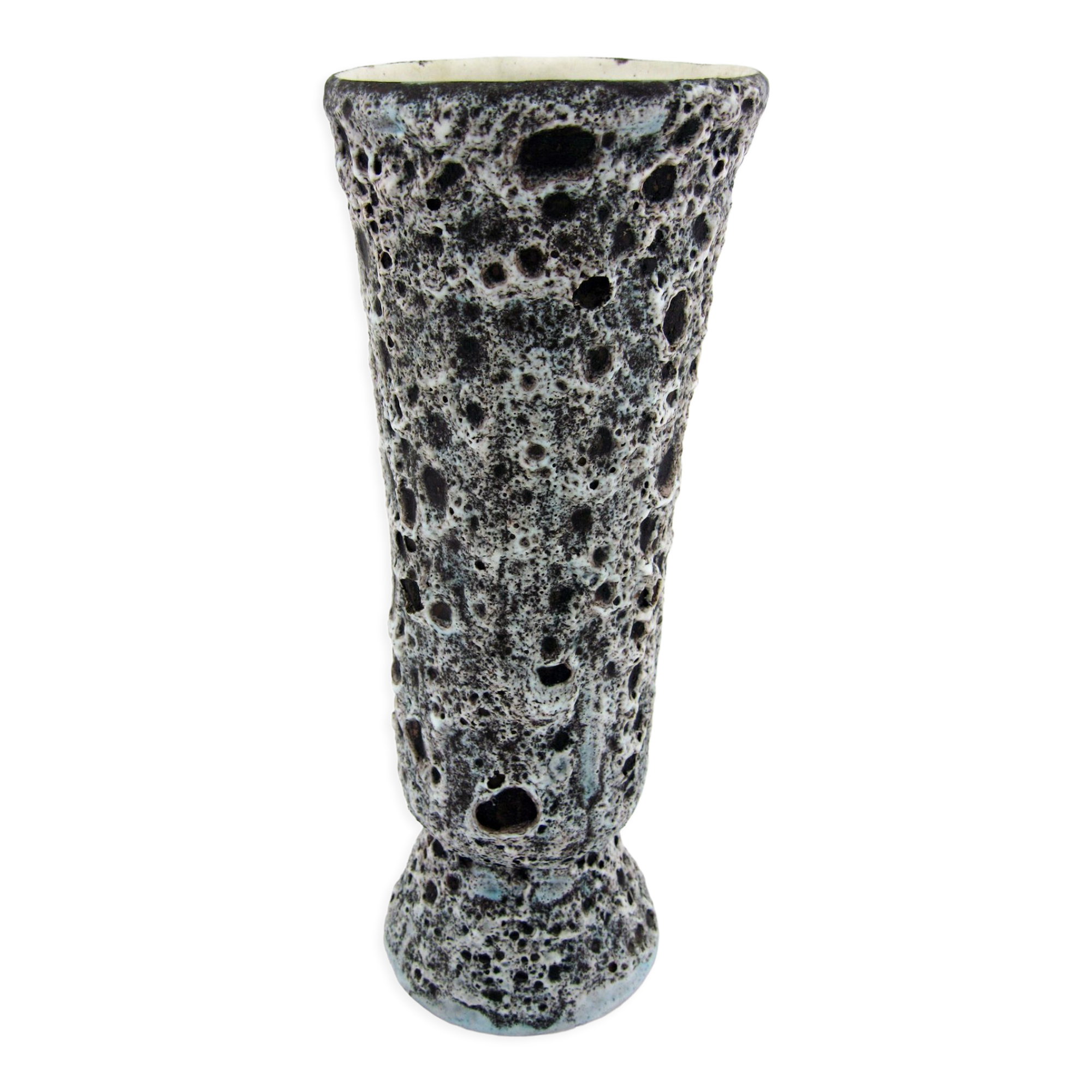 Matte ceramic vase - black and white Fat Lava décor - Annette Roux Vallauris - vintage 60s