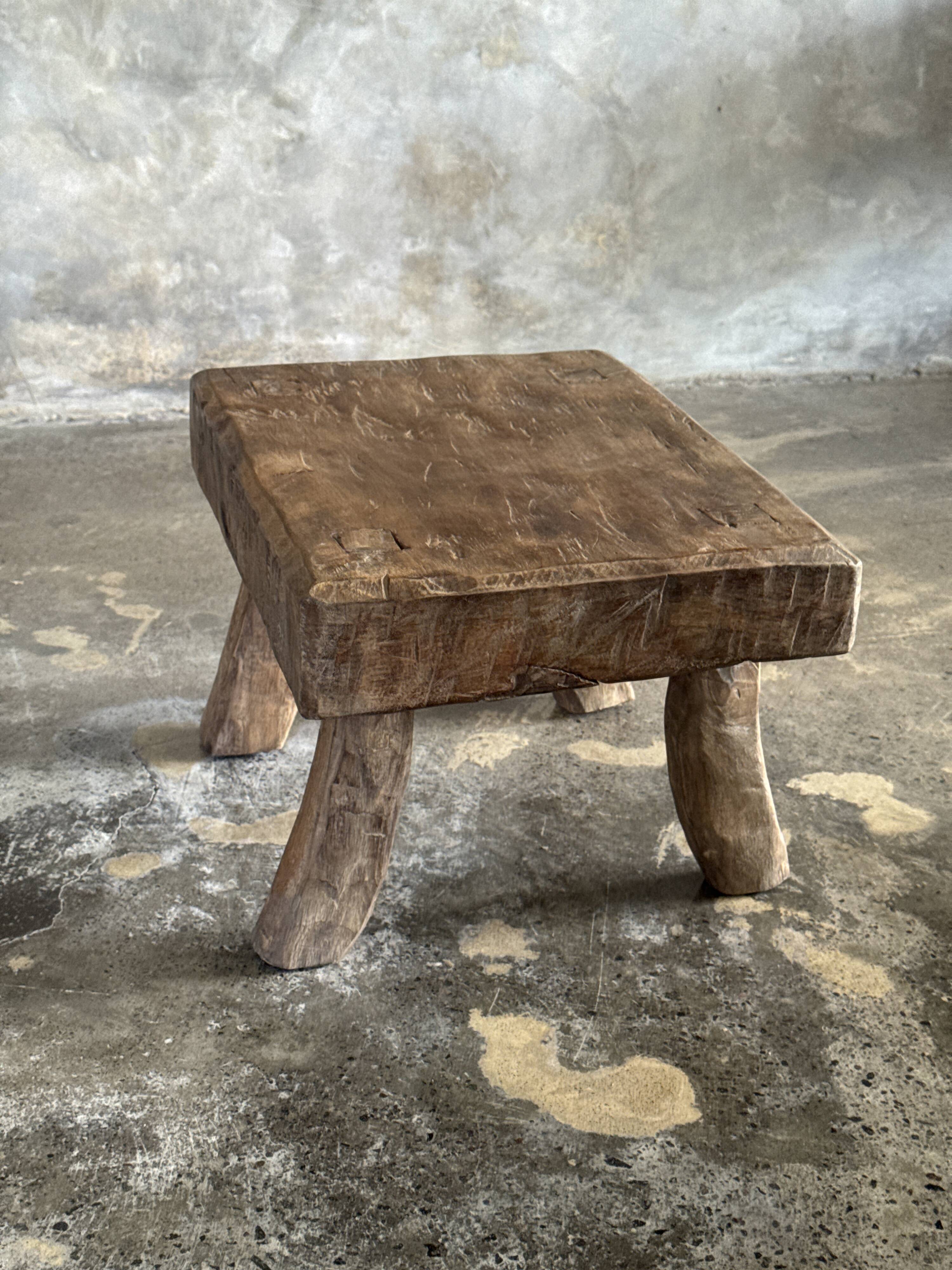 Small stool, rectangular accent stool in solid teak wabi-sabi H26