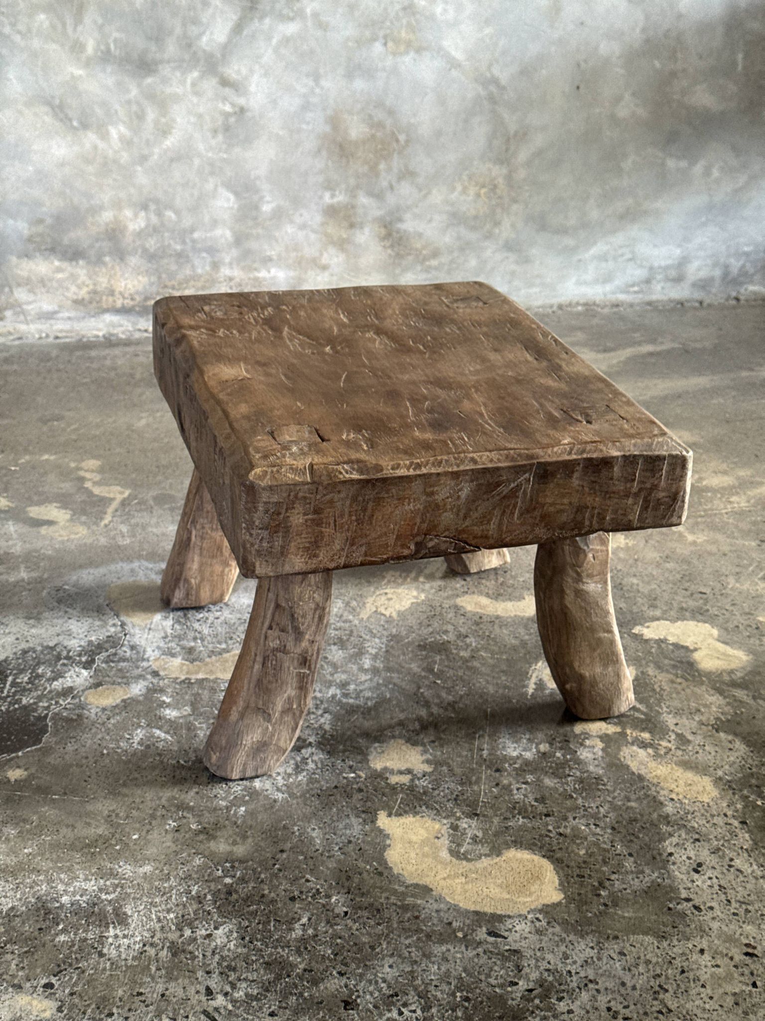 Small stool, rectangular accent stool in solid teak wabi-sabi H26