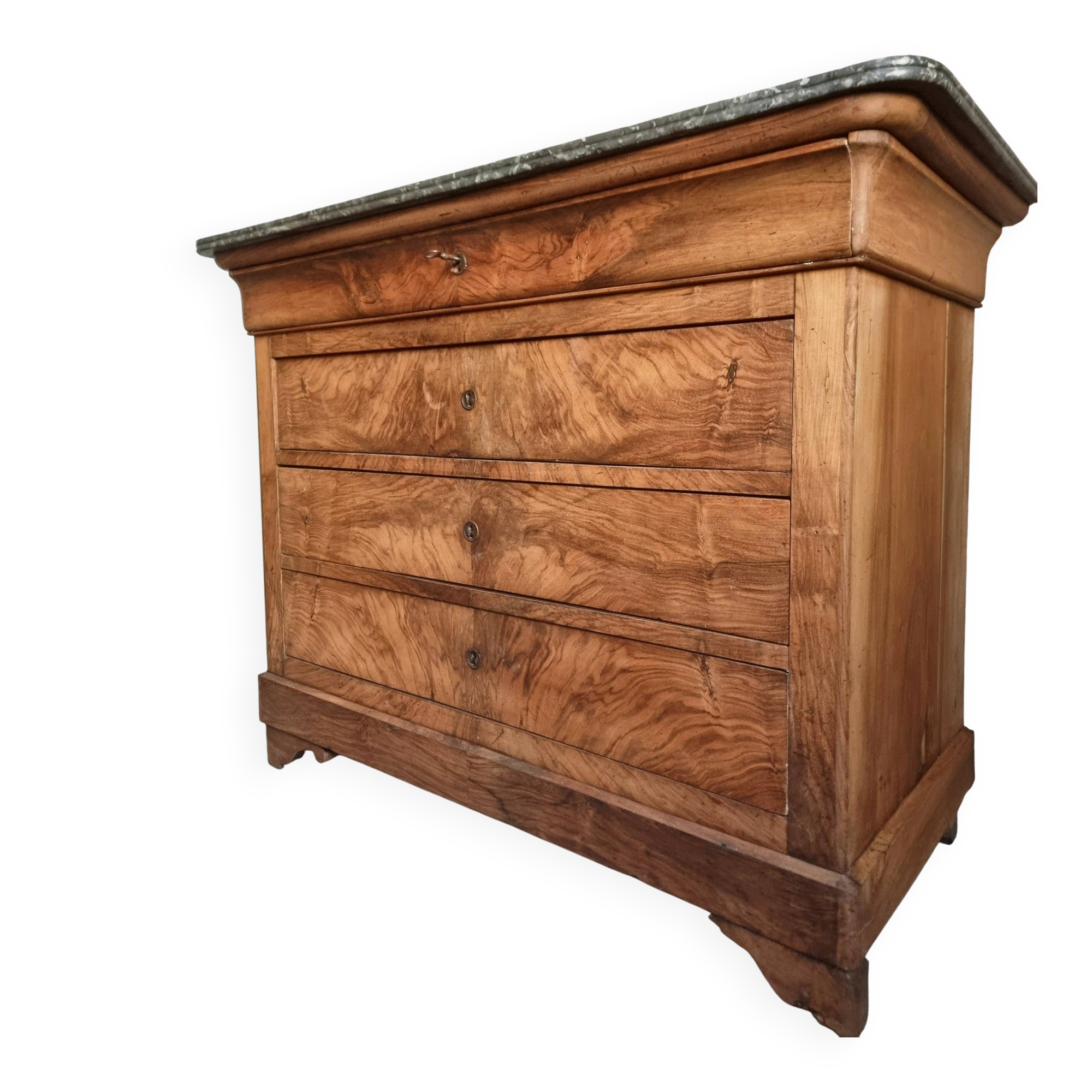 French antique walnut commode with a dark grey marble top, circa 1830–1860.