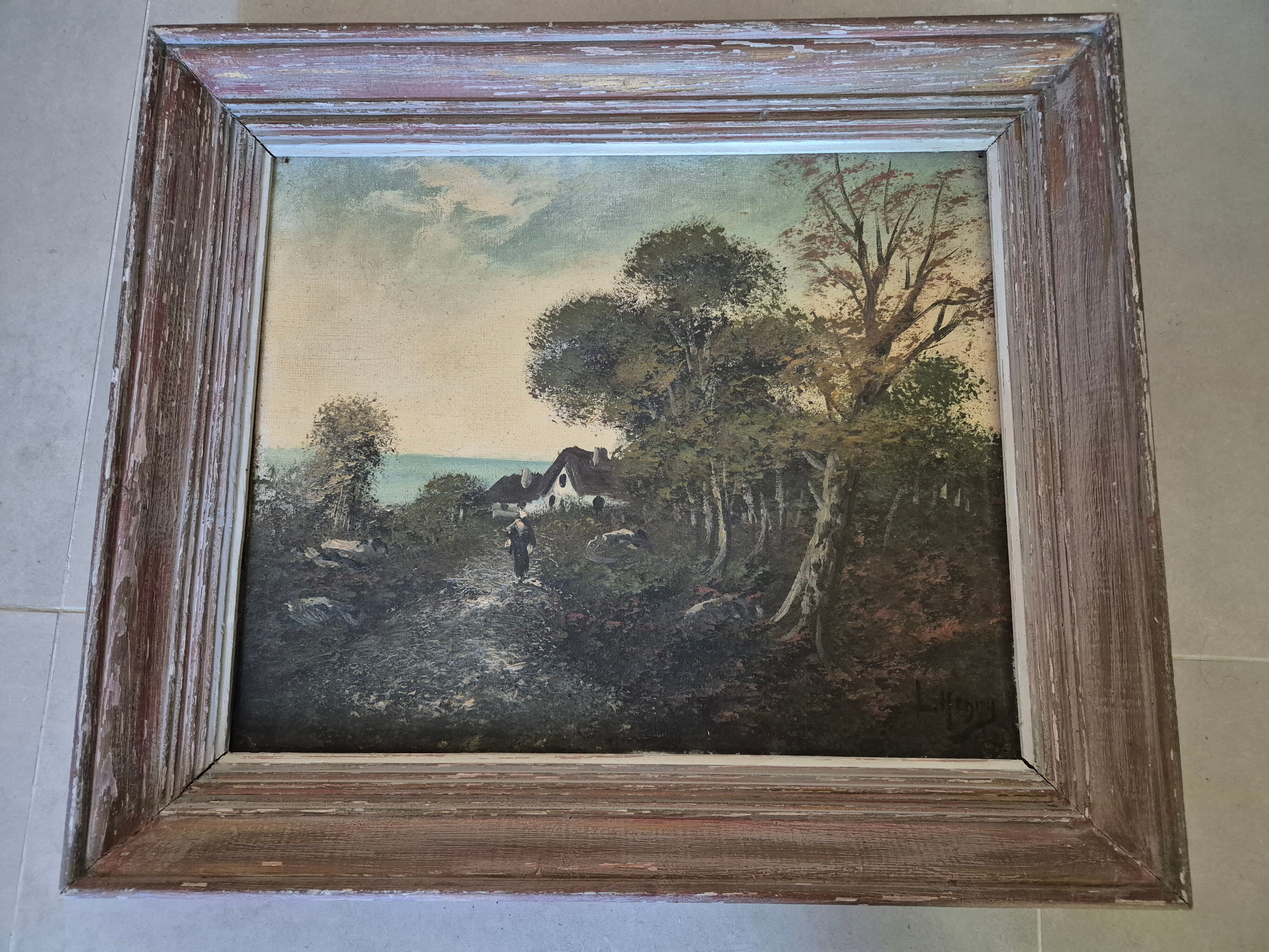 Painting depicting a landscape, forest by the sea.