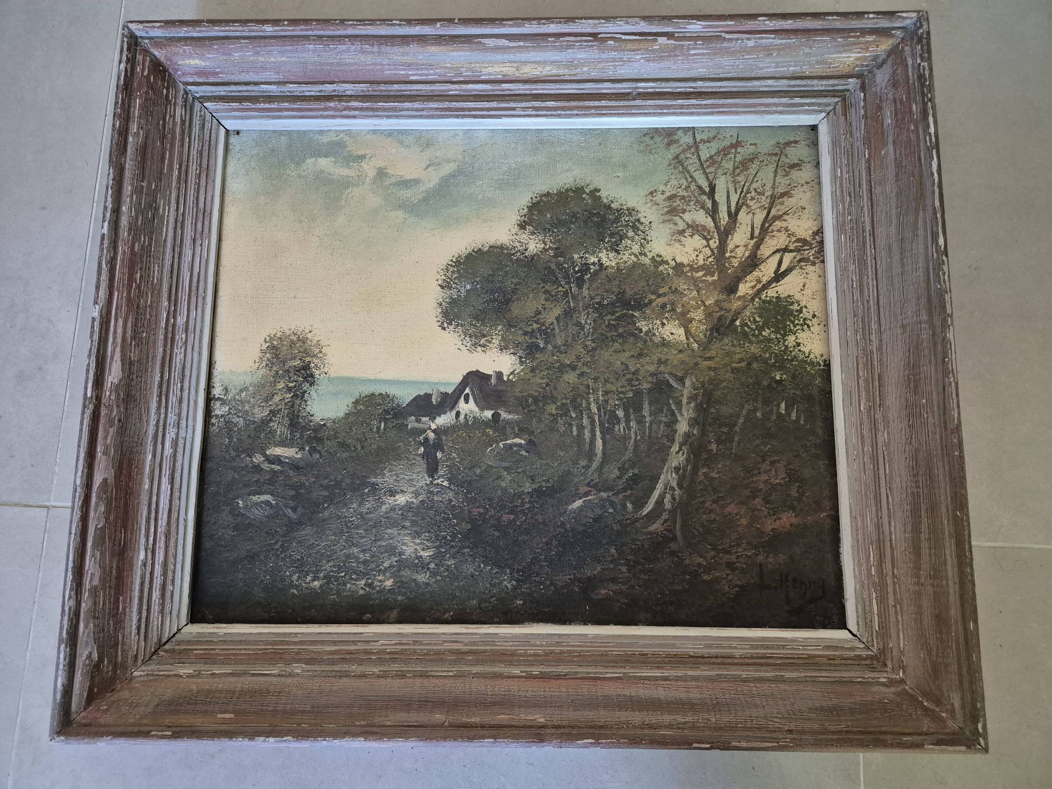 Painting depicting a landscape, forest by the sea.