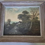 Painting depicting a landscape, forest by the sea.