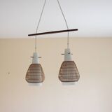 Chandelier opaline, rattan, teak and brass