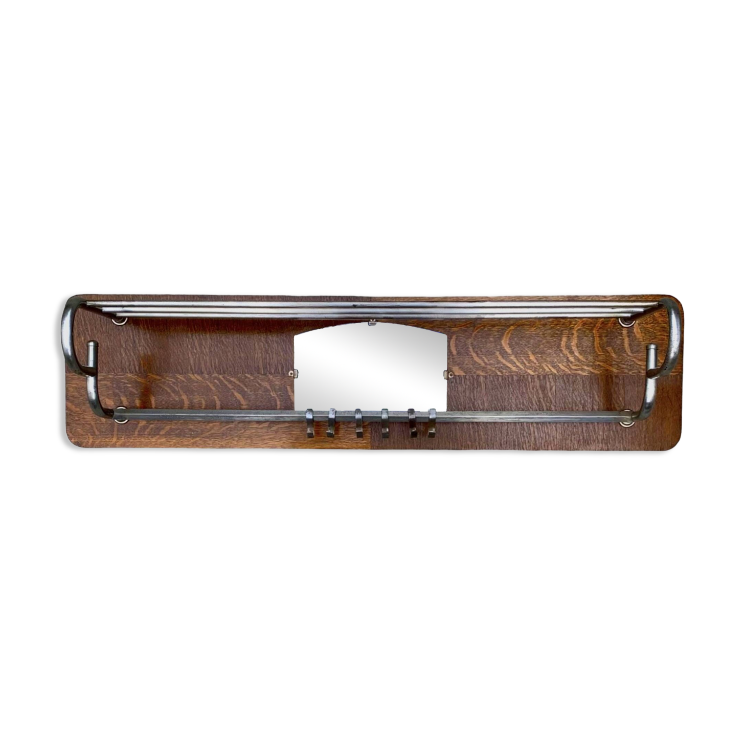 Large Art Deco wall-mounted coat rack in wood and chrome metal with mirror