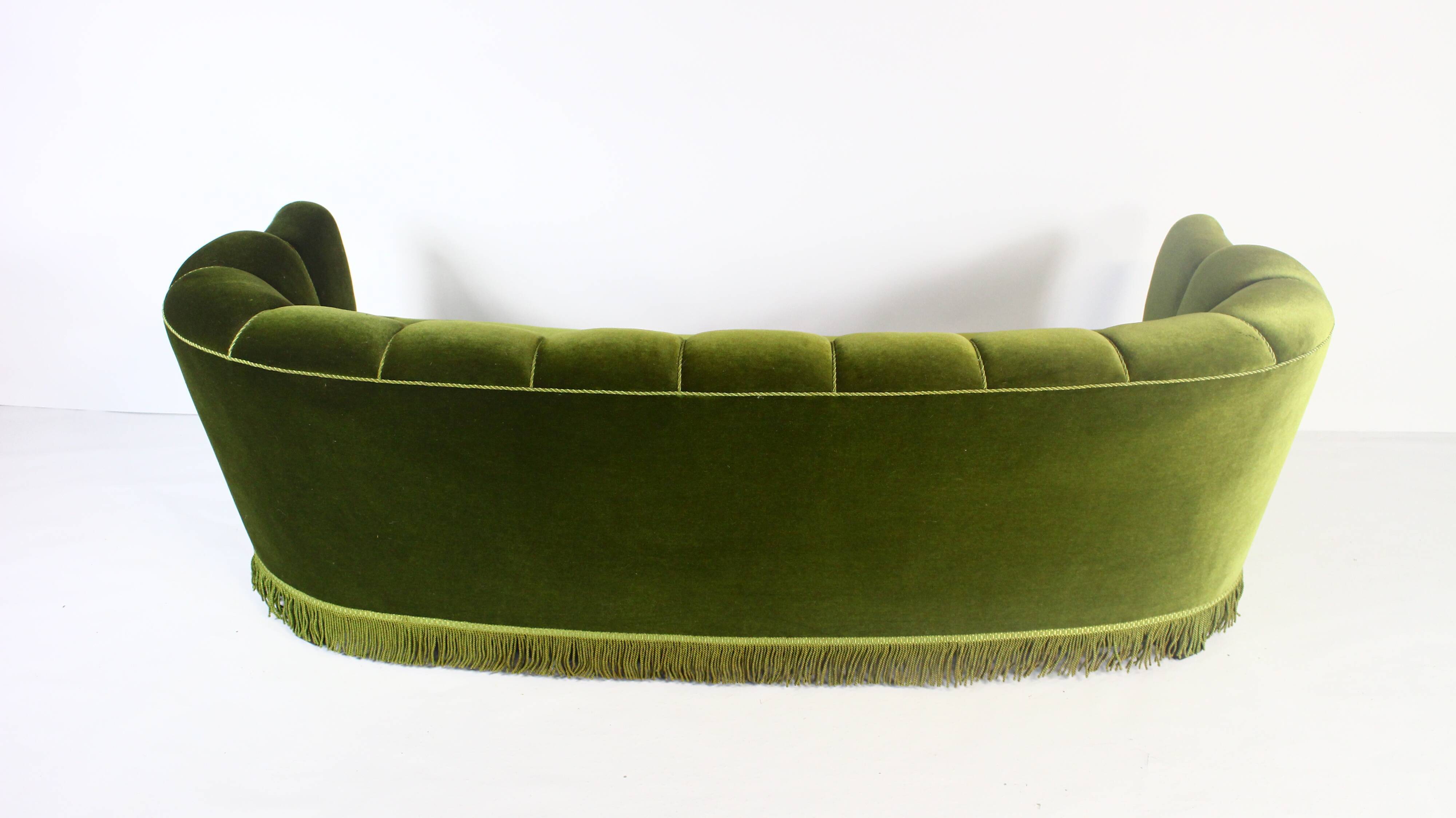 1940s art deco green velvet banana sofa, Denmark