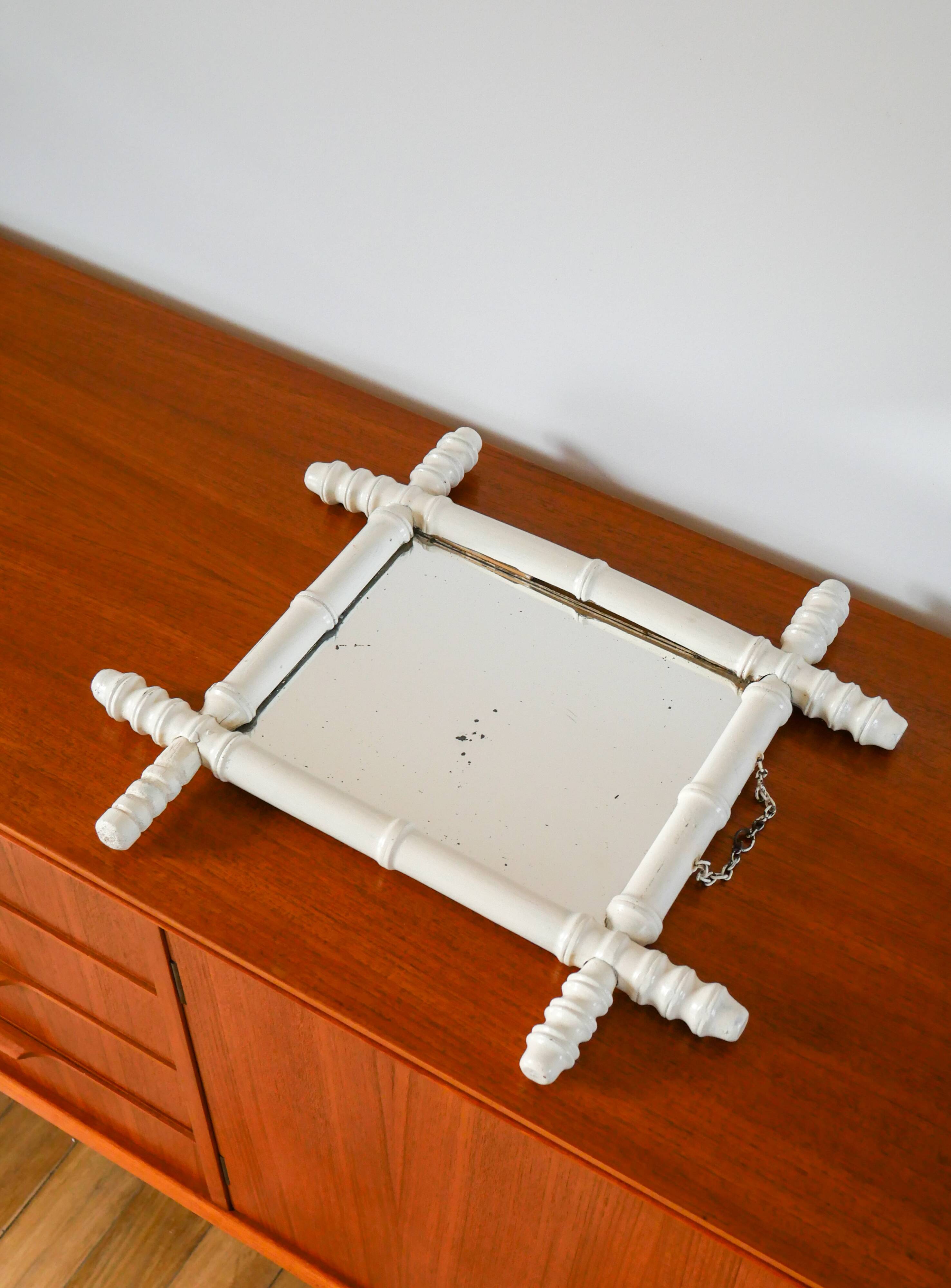 White bamboo effect wooden barber mirror 46 x 31 cm