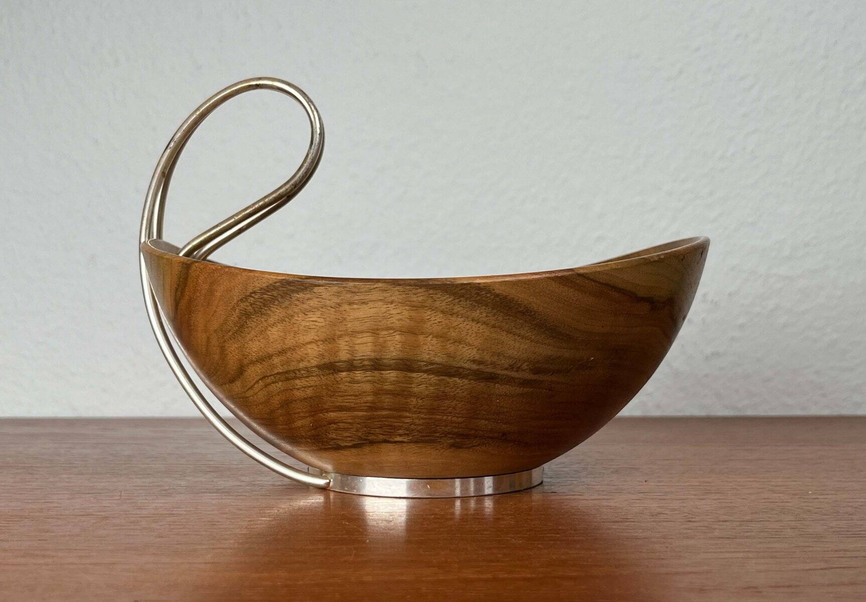 Mid-Century Modern Teak and Silver Plated Metal Bowl from Grasoli, Italy, 1960s