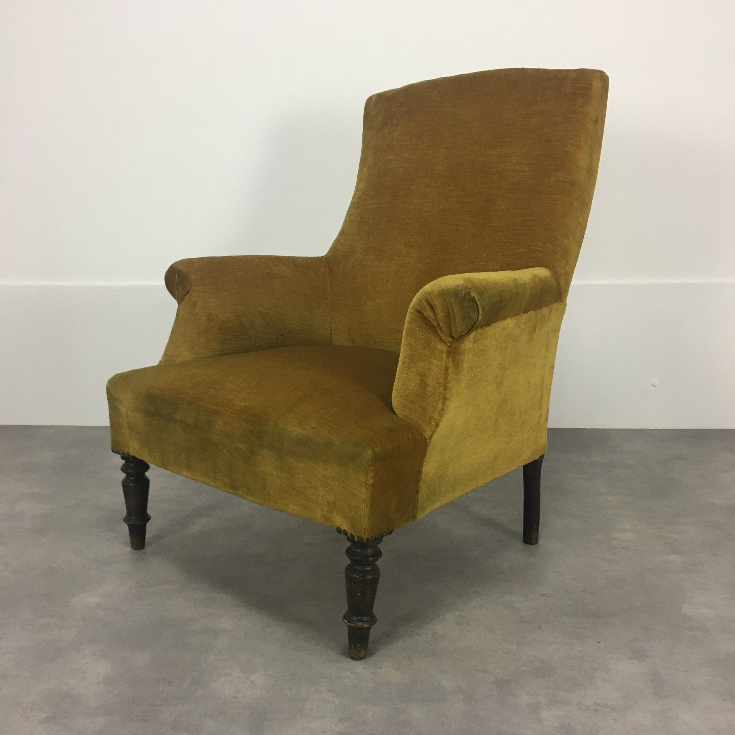 English armchair Napoleon III in mustard yellow velvet