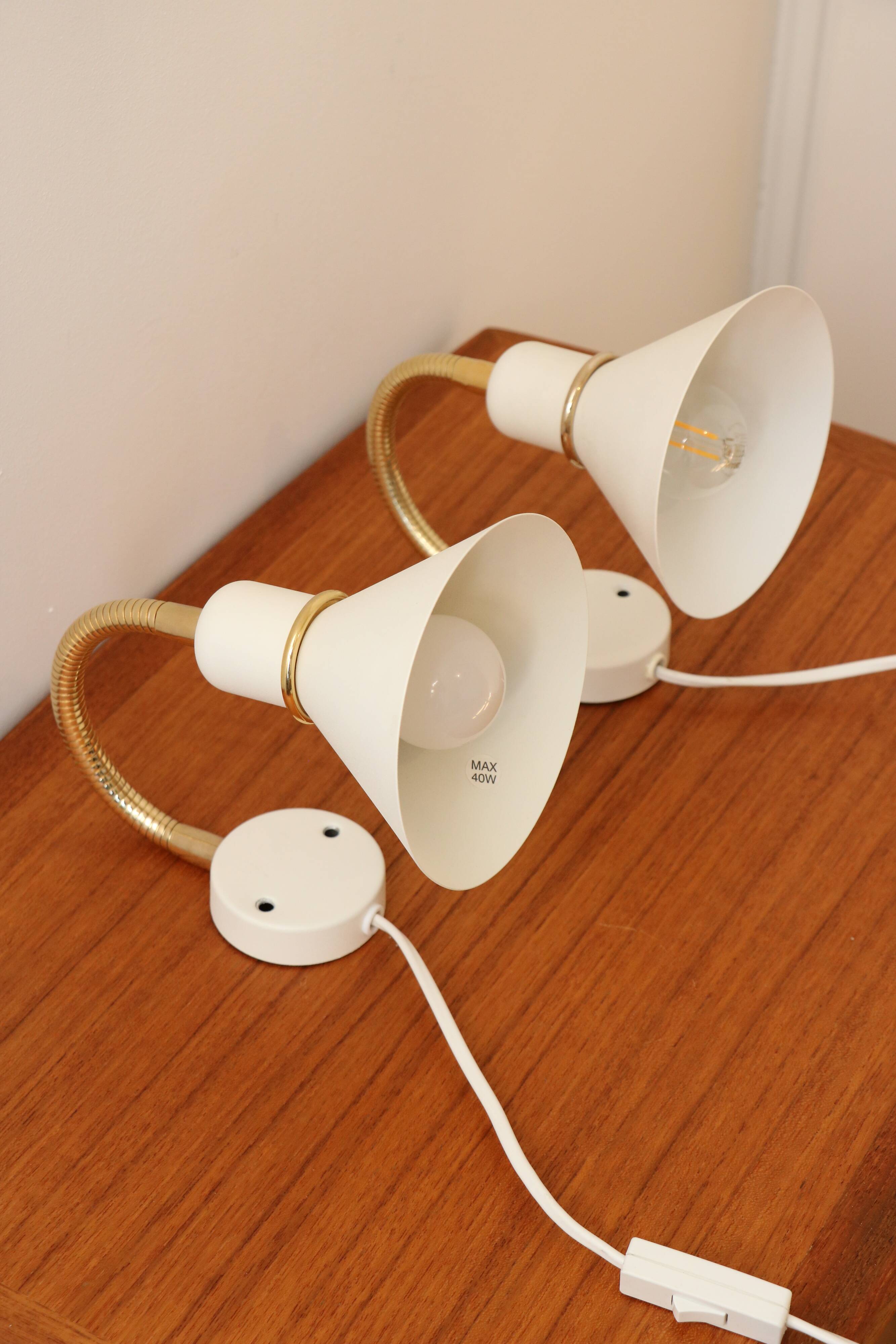 Pair of Scandinavian wall lights, white and gold metal